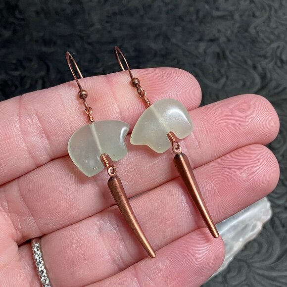 Green New Jade Serpentine Zuni Bear and Copper Dagger Dangly Earrings - Picture 1 of 7